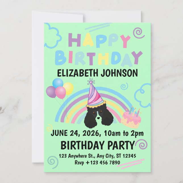 Parti Poodle Birthday Invitation in Green (Front)