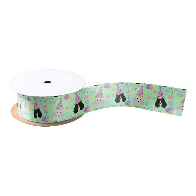 Parti Poodle Birthday Satin Ribbon in Green (Spool)