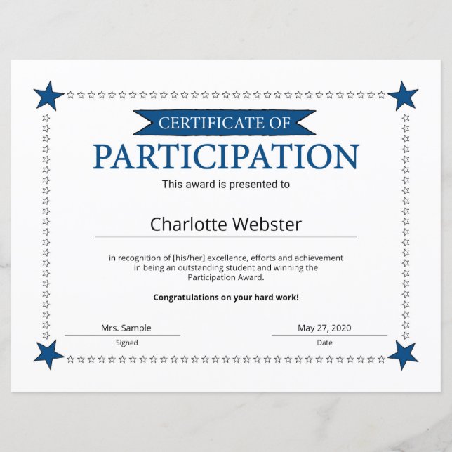 Participation Award Certificate of Achievement PDF (Front)