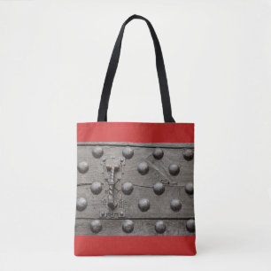 particular of the door of a castle tote bag