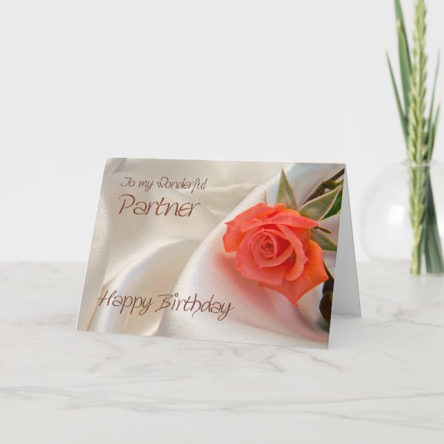 Partner, a birthday card with a pink rose (Front)