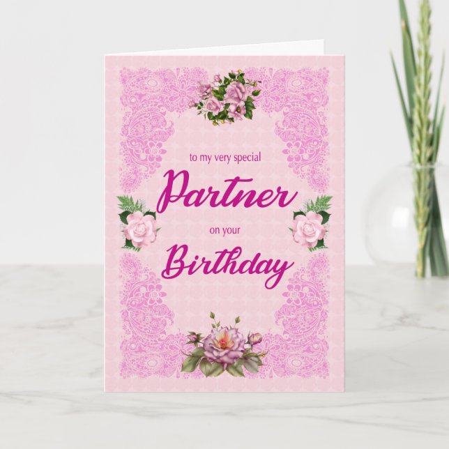 Partner Birthday with Pink Roses Card (Front)