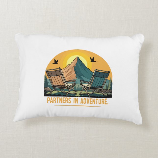  Partners in Adventure | Retro Mountain Camping  Decorative Cushion (Back)