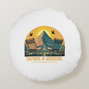  Partners in Adventure   Retro Mountain Camping  Round Cushion