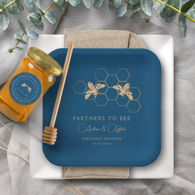 Partners to Bee Indigo & Honeycomb Wedding Shower Paper Plate (Creator Uploaded)