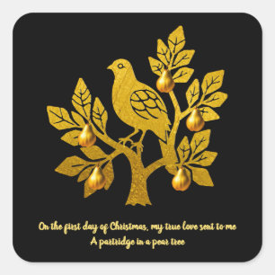Partridge In A Pear Tree Black Golden Christmas Square Sticker