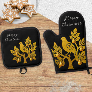 Partridge In A Pear Tree Black Merry Christmas Oven Mitt & Pot Holder Set