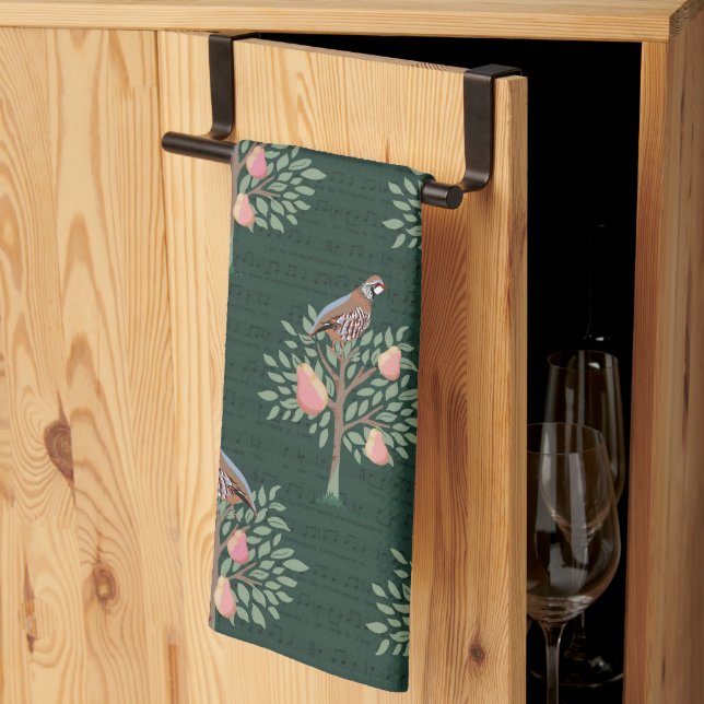 Partridge in a pear tree Christmas Carole on green Tea Towel (Thirds Fold)