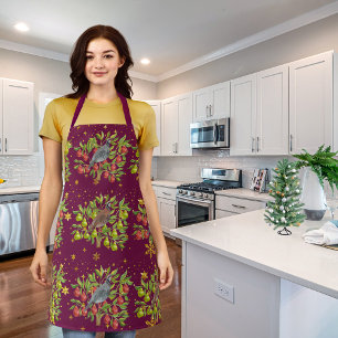 Partridges, pear trees, and snowflakes burgundy apron