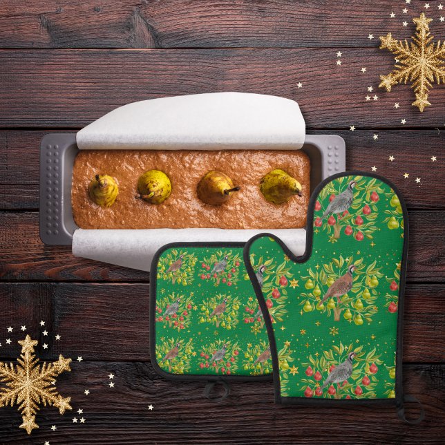 Partridges, pear trees, and snowflakes green oven mitt & pot holder set (Creator Uploaded)