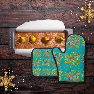 Partridges, pear trees, and snowflakes turquoise oven mitt & pot holder set