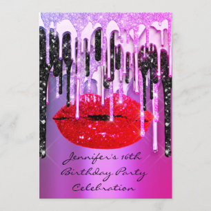 Party 16th Lips Kiss Black Pink Glitter Drips Invitation