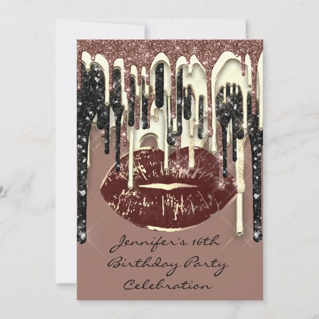 Party 16th Lips Kiss Brown Chocolate Glitter Drips Invitation (Front)