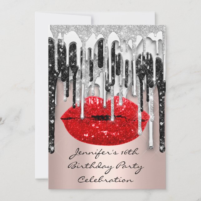 Party 16th Lips Kiss Rose Red Glitter Drips   Invitation (Front)