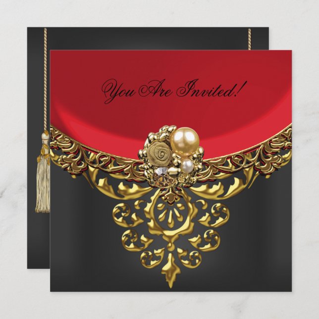 Party All Occasions Elegant Red Gold Black Invitation (Front/Back)