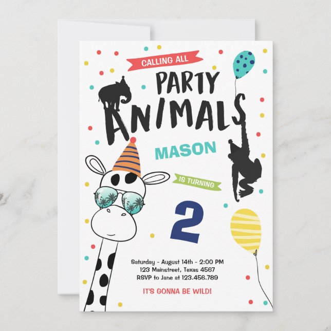 Party Animal Birthday Invitation Zoo Wild Black (Front)