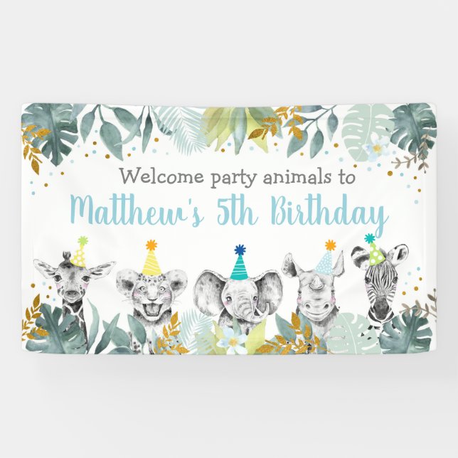 Party Animal Blue Gold Safari Birthday Banner (Horizontal)