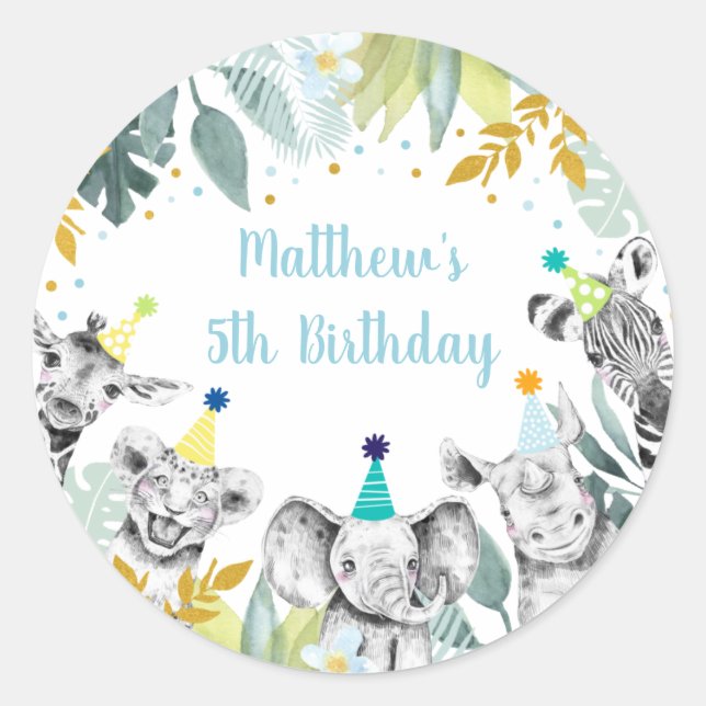 Party Animal Blue Gold Safari Birthday Classic Round Sticker (Front)