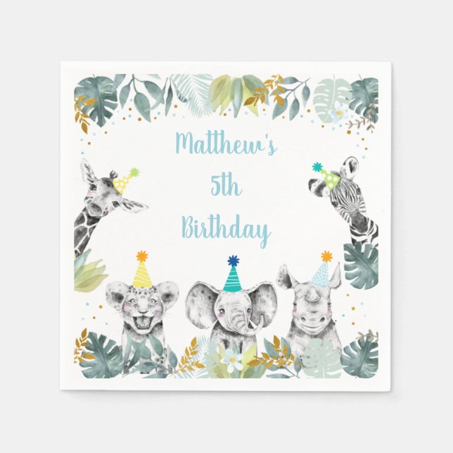 Party Animal Blue Gold Safari Birthday Napkin (Front)