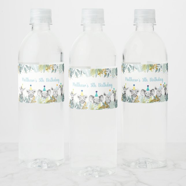 Party Animal Blue Gold Safari Birthday Water Bottle Label (Bottles)