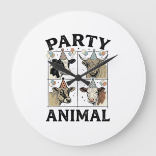 Party Animal Cow Vintage Engraving T-Shirt Design_ Large Clock
