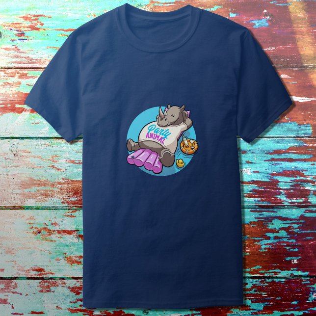 Party Animal Funny Rhino Swimming Pool Cartoon T-Shirt (Creator Uploaded)