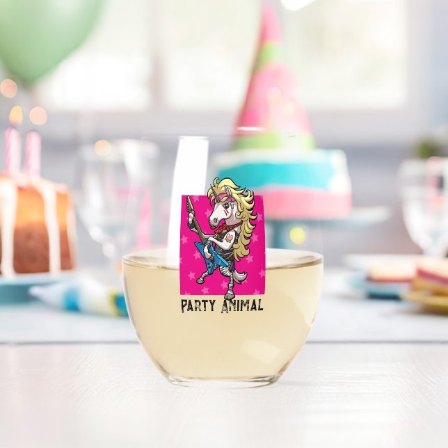 Party Animal Hair Metal Glam Rock Unicorn Cartoon  Stemless Wine Glass (Insitu (Birthday))