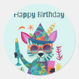 Party Animal Happy Birthday Colourful  Classic Round Sticker