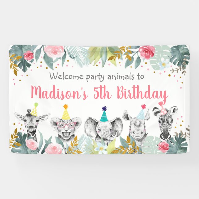 Party Animal Pink Gold Safari Birthday Banner (Horizontal)