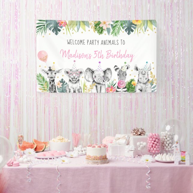 Party Animal Pink Gold Tropical Safari Birthday Banner (Party)