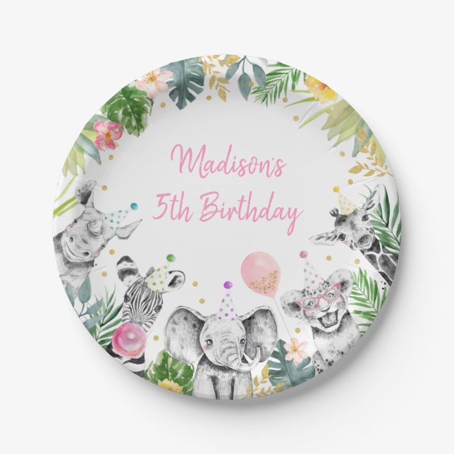 Party Animal Pink Gold Tropical Safari Birthday Paper Plate (Front)