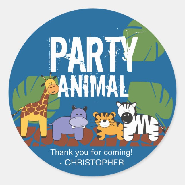Party Animal Safari themed birthday blue Classic Round Sticker (Front)