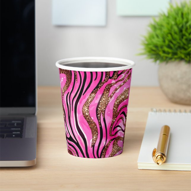 Party Animal Tiger Print Paper Cup, Pink Glitter Paper Cups (Insitu)