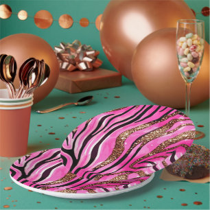 Party Animal Tiger Print Paper Cup, Pink Glitter Plate