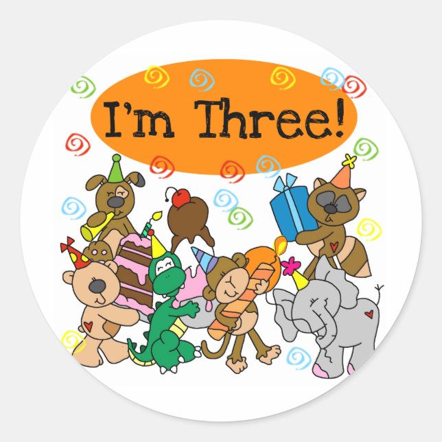 Party Animals 3rd Birthday Tshirts Classic Round Sticker (Front)