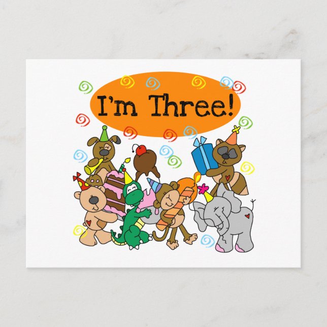 Party Animals 3rd Birthday Tshirts Invitation Postcard (Front)