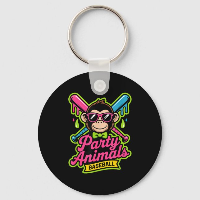 Party animals baseball funny monkey vibrant slime  key ring (Front)