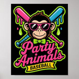 Party animals baseball funny monkey vibrant slime poster