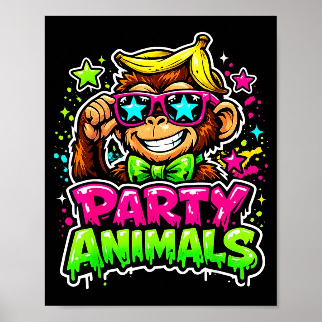 Party animals baseball jersey funny monkey vibrant poster (Front)