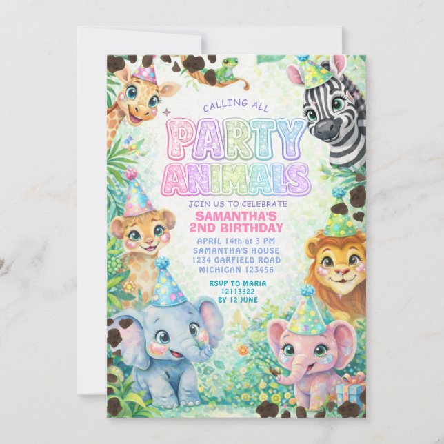 Party Animals Birthday Colorful Rainbow  Invitation (Front)