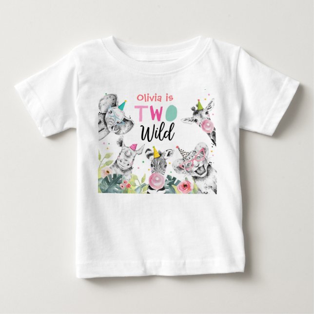 Party Animals Birthday Girl Two Wild 2nd Birthday Baby T-Shirt (Front)
