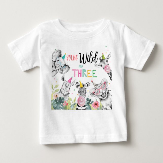 Party Animals Birthday Girl Wild Three Birthday Baby T-Shirt (Front)