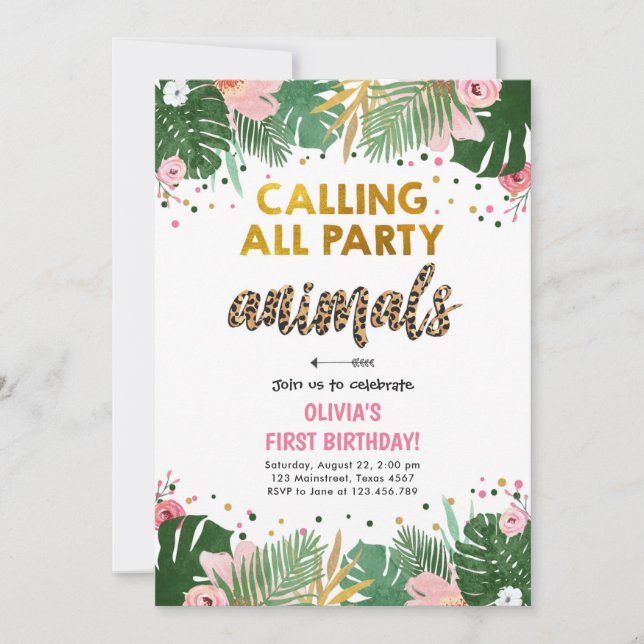 Party Animals Birthday Invite Safari Leopard Girl  (Front)