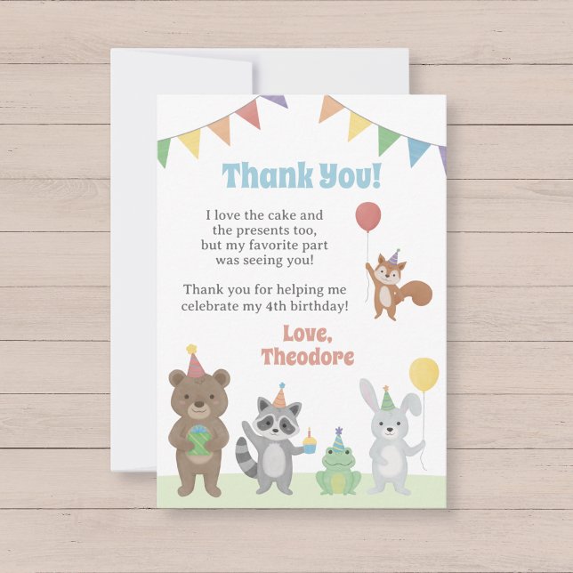 Party Animals Birthday Thank You Card (Party Animals Birthday Thank You card with bear, raccoon, frog, rabbit, and squirrel)