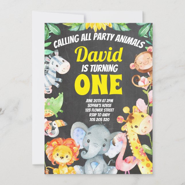 Party Animals Boy Birthday Safari Chalkboard Invitation (Front)