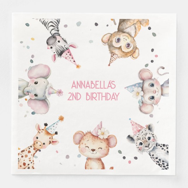Party animals cute safari girl birthday party napkin (Front)