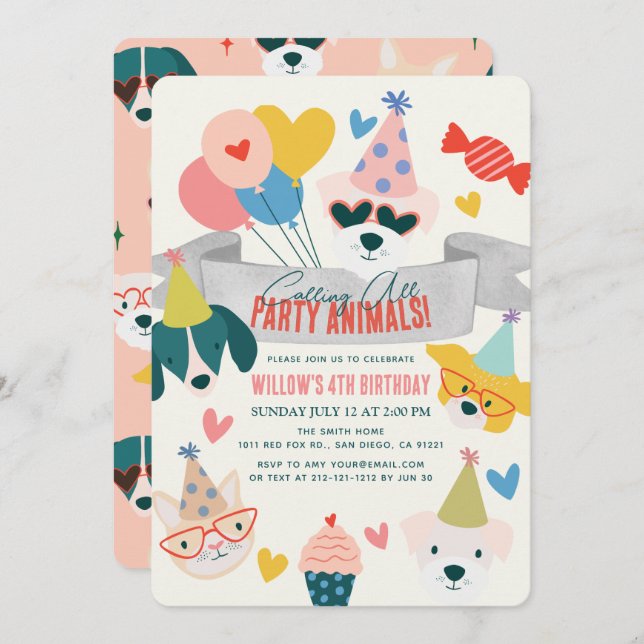 Party Animals Dogs & Cat Balloons Birthday Invitation (Front/Back)