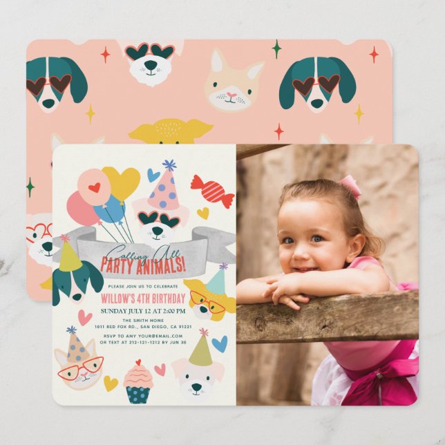 Party Animals Dogs & Cat Balloons Birthday Photo Invitation (Front/Back)
