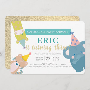 Party Animals Elephant Gold Glitter Boy Birthday Invitation