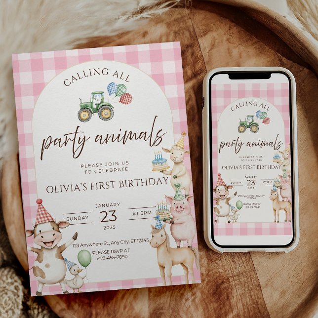 Party Animals Farm Birthday Invitation Barnyard  (Pink Barnyard farm animal birthday invitation)